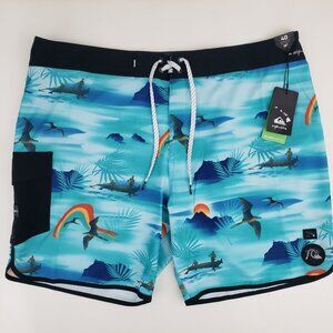 Quicksilver Highline Scallop 19" Boardshorts Waist 40 Blue Aloha Hawaii Print